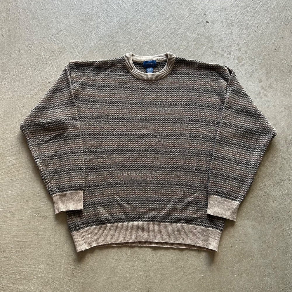 Vintage 90s Towncraft Striped Sweater Size XL Brown Black Crewneck Knit Pullover